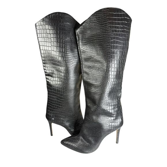 Schutz Maryana Croc-Embossed Leather Knee Boots 7B Black Pointed Toe Sleek - Picture 3 of 12